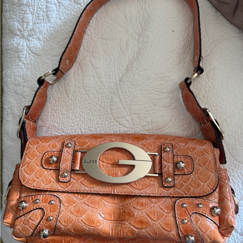 Vintage Guess Orange Croc-Embossed Shoulder Bag
